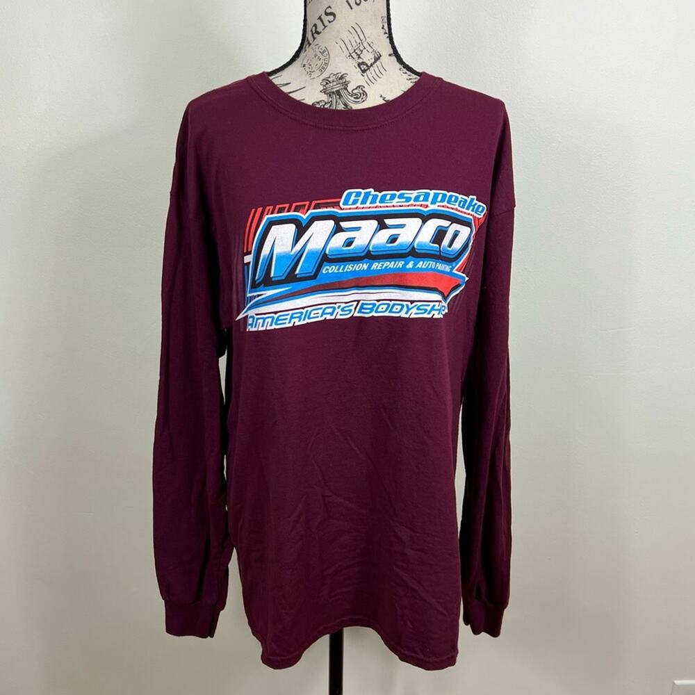 Maaco Chesapeake America‘s body shop maroon long sleeve graphic shirt